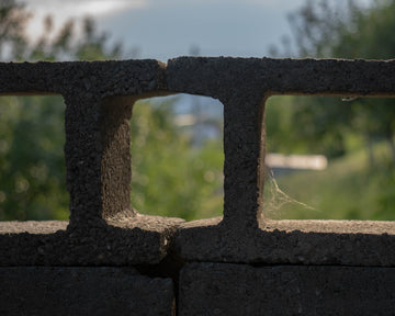Concrete block wall with square openings and green trees beyond.